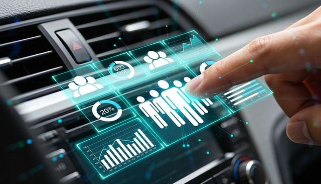 Driver selecting augmented reality people analytics on holographic car dashboard interface
