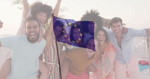Group of Friends Celebrating on Beach at Sunset with EU Flag Overlay