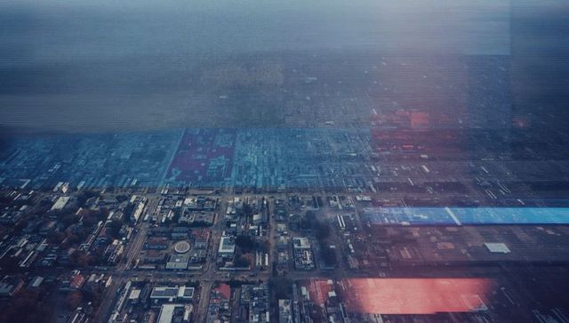 Futuristic Aerial Cityscape with Digital Glitch Effects