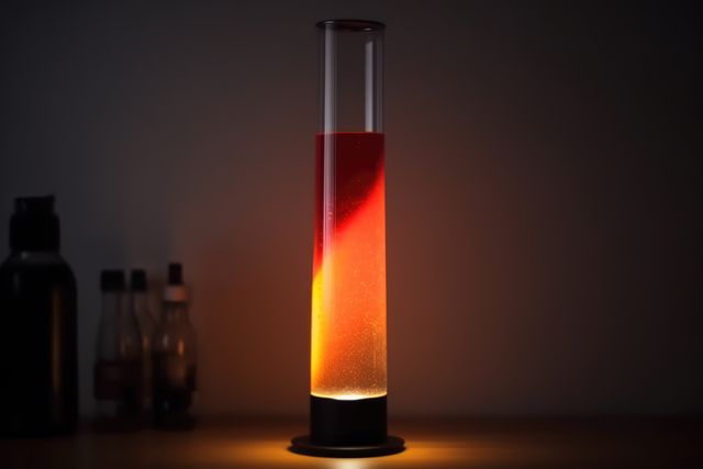 Red and orange lava lamp on table in dark room at night, created using generative ai technology. Retro, psychedelic, relaxation and interior decoration lamp concept digitally generated image.
