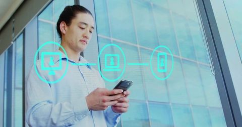 Business Professional Using Smartphone with Digital Network Symbols