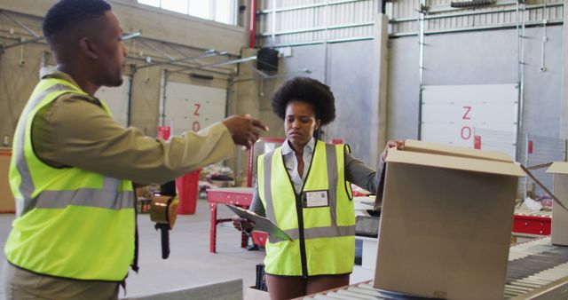 African american male and female workers holding boxes in warehouse. global business, shipping and delivery.
