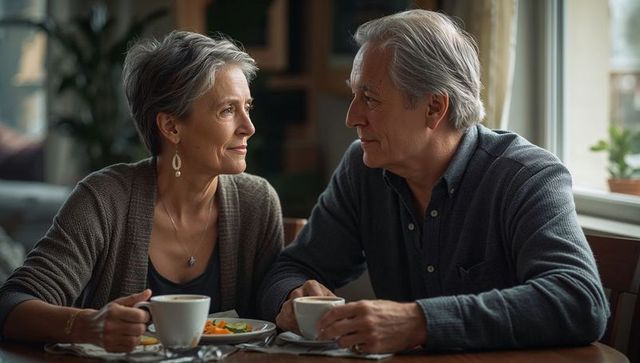 Senior couple sharing quiet coffee moment by sunlit window, intimate home morning ritual