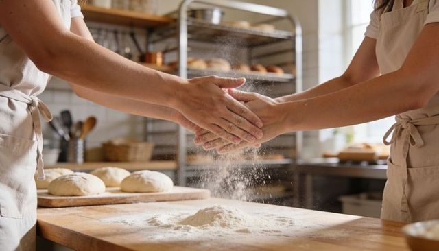 Artisan bakers dusting flour over bread dough on wooden workbench in rustic bakery