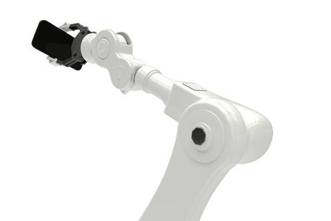 White robotic arm holding smartphone on transparent background