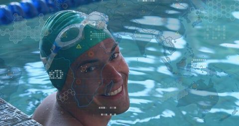 Smiling Swimmer with Technological Data Overlays at Pool Edge
