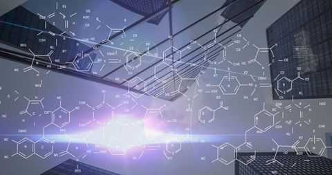 Futuristic chemical formula network overlapping skyscrapers