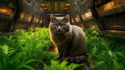 Long-haired grey cat sitting on metal walkway surveying futuristic hydroponic greenhouse