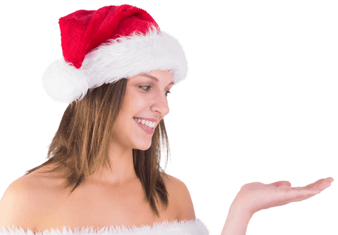 Smiling Woman Wearing Santa Hat Displaying on Transparent Background