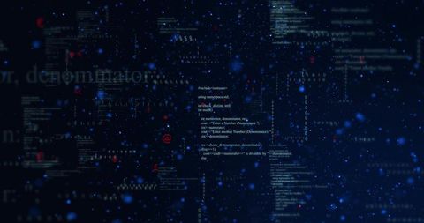 Glowing code column in digital network with floating binary and neon blue bokeh particles