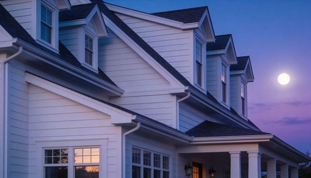 Moonlit two-story white house with dormers and front porch at dusk