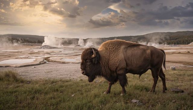 Adult american bison standing on geothermal plain with steam plumes at sunset