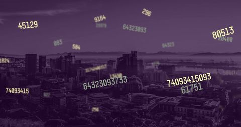 Digital Numbers Overlaying City Skyline in Financial Theme