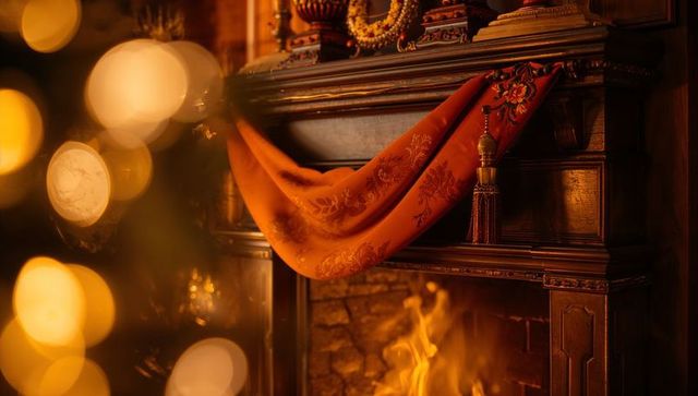 Ornate mantel draped with embroidered runner and tassel with firelit hearth glow
