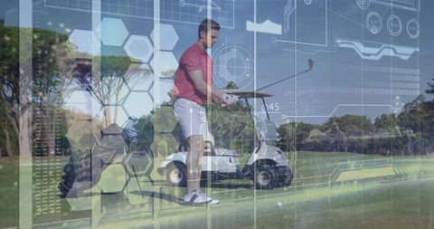 Golfer Preparing Swing with HUD Display on Fairway