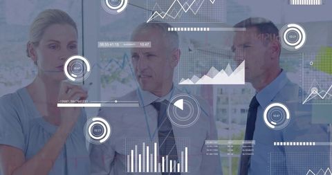 Analyzing interactive data dashboards with business team collaborating on analytics strategy