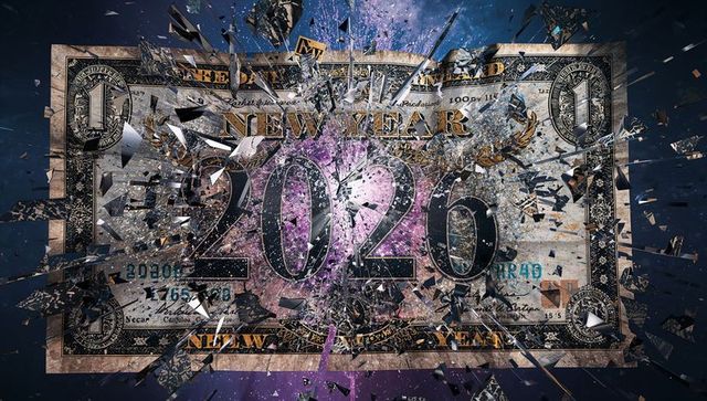 Shattered 2020 banknote exploding into glass shards and galaxy neon fragments