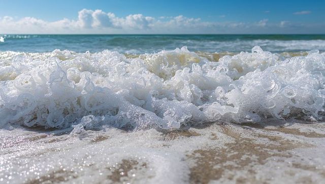 Crashing Dense Foamy Wave Rolling Over Wet Sandy Beach with Sparkling Horizon