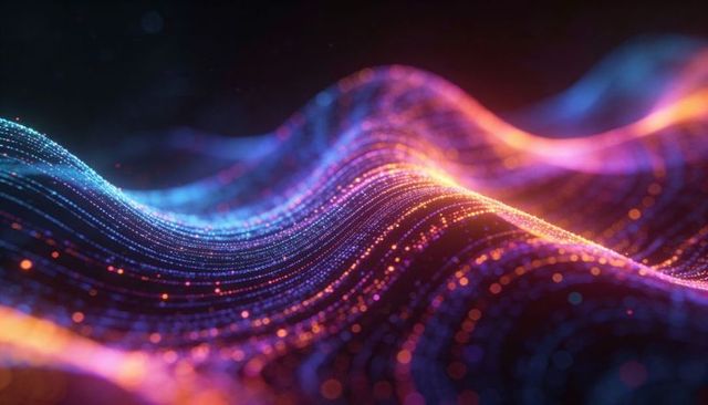 Luminous Neon Data Waves Flowing Through Dark Space with Glowing Particle Trails