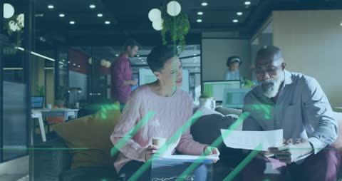 Business Professionals Collaborating with Digital Data Overlay in Modern Office