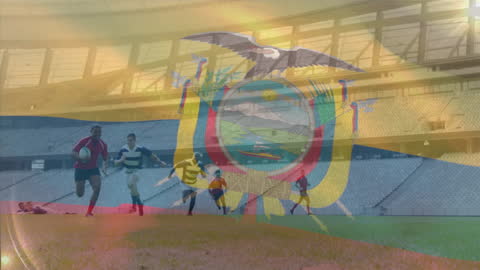 Rugby Players and Colombian Flag Overlay in Stadium