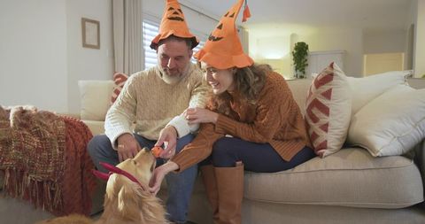 Couple in Pumpkin Hats Sharing Halloween with Dog on Cozy Sofa