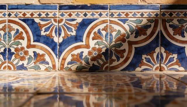 Ornate spanish ceramic riser reflecting cobalt and terracotta floral motifs on glossy tiled floor