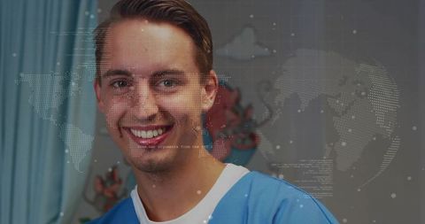 Smiling clinician in blue scrubs with world map overlay showing healthcare data analytics