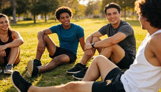 Friends resting and chatting after workout in sunlit park during golden hour