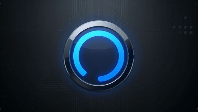 Futuristic neon-blue circular interface with metallic bezel and circuitboard pattern