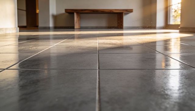Glossy dark ceramic tile reflecting sunlight and floating dust in minimal hallway