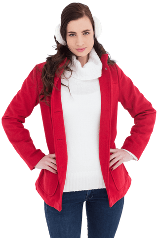 Confident Brunette Wearing Red Jacket and Earmuffs on Transparent Background