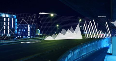Displaying night urban overpass with holographic data visualizations and neon lights