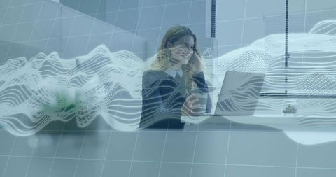 Businesswoman talking on phone using laptop with abstract data wave visualization overlay