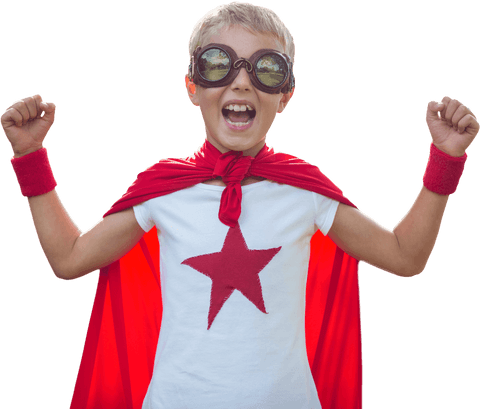 Joyful Boy in Superman Costume with Red Cape Transparent Background