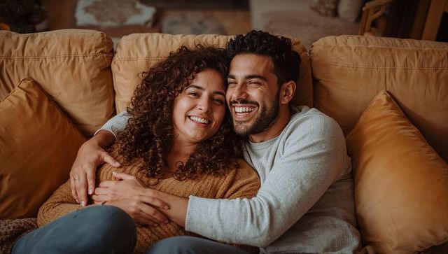 Couple cuddling on sofa laughing and embracing in cozy warm-toned living room at home