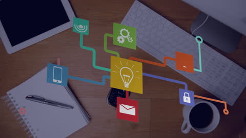 Office Desk with Animated Digital Networking Icons Overlay