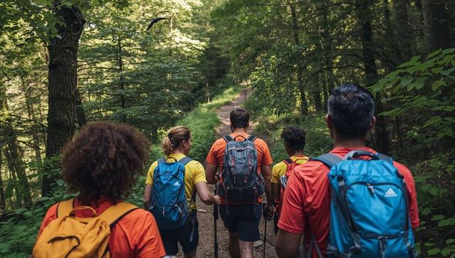 Group hiking through lush forest trail with colorful backpacks and trekking poles