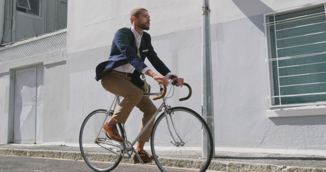 Professional man commuting to work on bicycle in city street. Showcasing modern, eco-friendly urban transportation options. Useful for topics on commuting, sustainable living, work-life balance, or urban lifestyle.