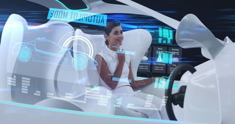 Woman experiencing autonomous vehicle technology in futuristic cityscape