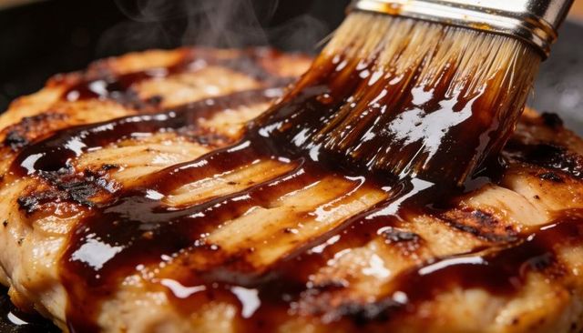 Brushing barbecue glaze onto seared chicken breast for caramelized finish