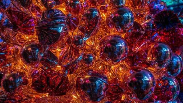 Vibrant metallic holiday ornaments glowing with twisted foil reflections and warm bokeh