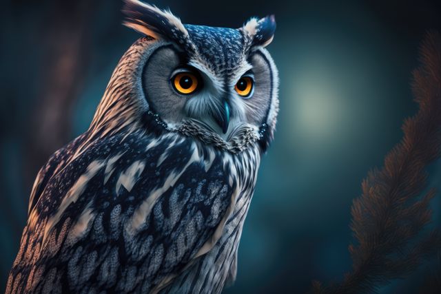 Close up of owl perched in nature, created using generative ai technology. Nature, bird, wild animal and wildlife concept digitally generated image.