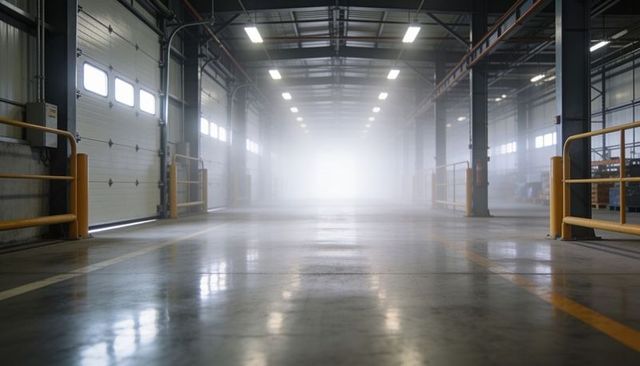 Empty industrial warehouse aisle leading to soft haze with roll-up doors and yellow rails