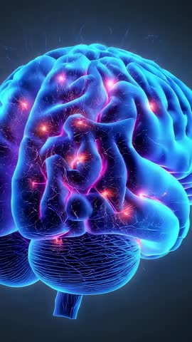 Rotating neon brain showing glowing synaptic activity in vertical 3D neuroscience animation