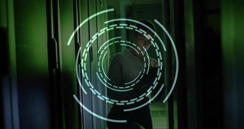 Female technician accessing secure data center with smart card and futuristic hud overlay