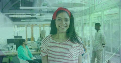 Smiling Woman in Modern Office Overlaid with Tech Elements