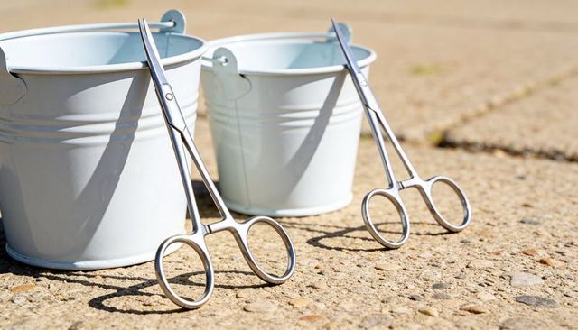 Sunlit metal pails with surgical locking forceps casting sharp shadows on textured concrete