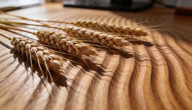 Sunlit golden wheat ears resting on wooden grain tabletop casting dramatic shadow patterns