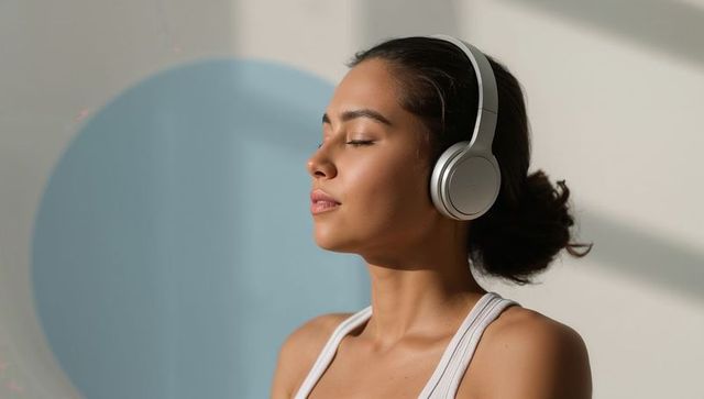Listening and relaxing with over-ear headphones near blue circle mural, wellness portrait